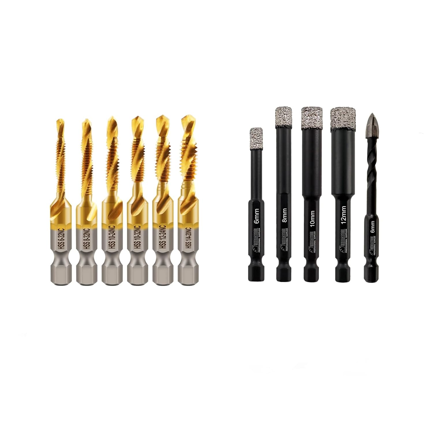 Combination Drill and Tap Bit Set,Titanium Coated Tapping Bit Tool 6pcs SAE Screw tap Drill bit for Drilling Tapping, Countersinking
