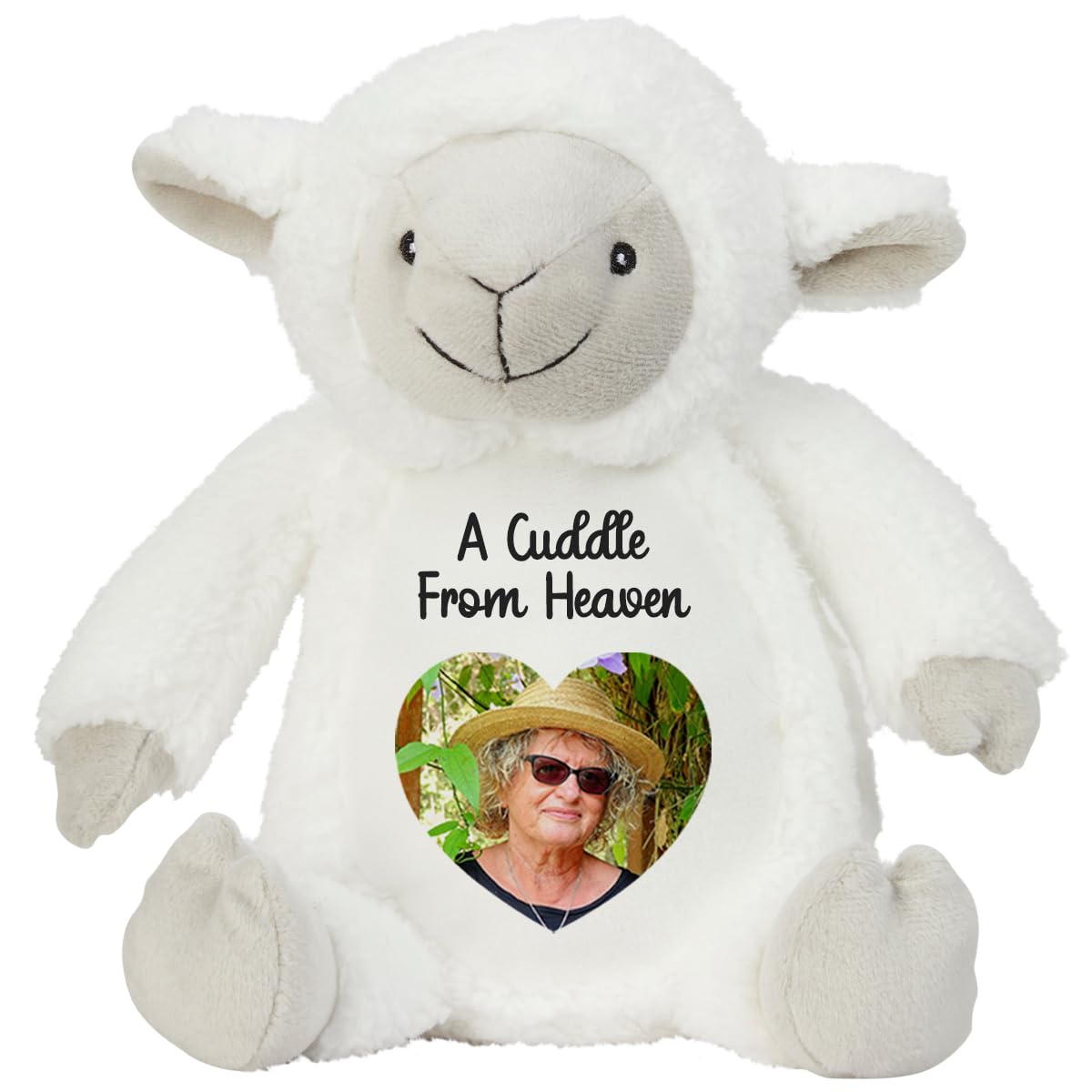 Personalised Memory Teddy Bear with Heart-Shaped Photo – “A Cuddle From Heaven” Keepsake Gift – 28 Bear Styles – Add Your Text & Choose Colour – Custom Memorial Bear (Cream Lamb)