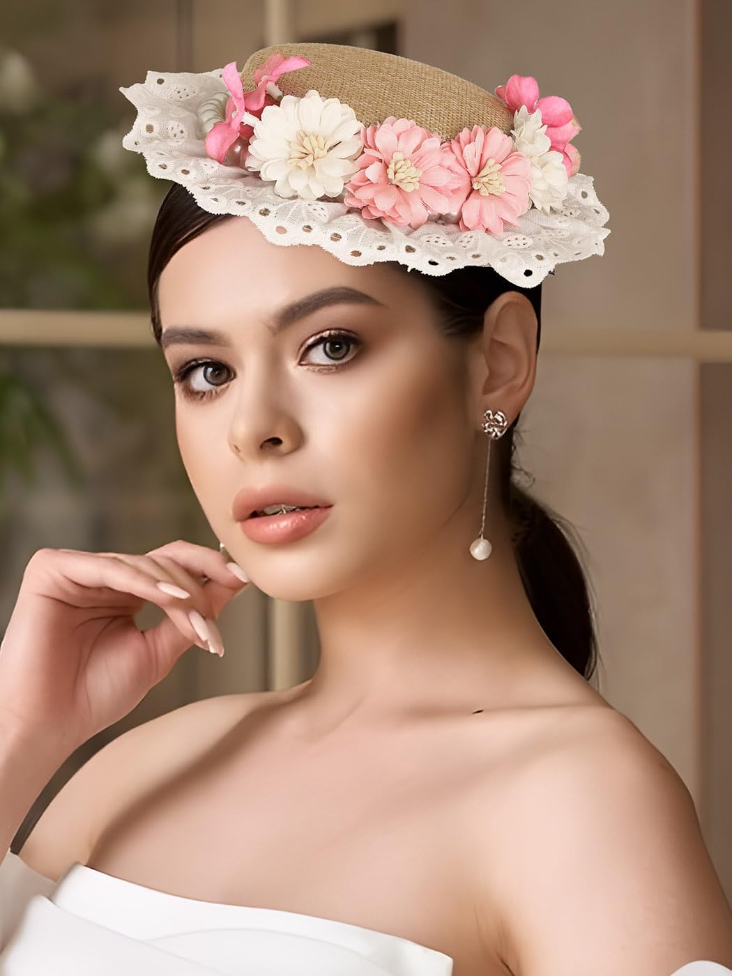 Bohend Fascinator Hat for Women Pearl Rose Hair Clip Delicate Lace Cocktail Tea Party Hats Costume Hair Accessory