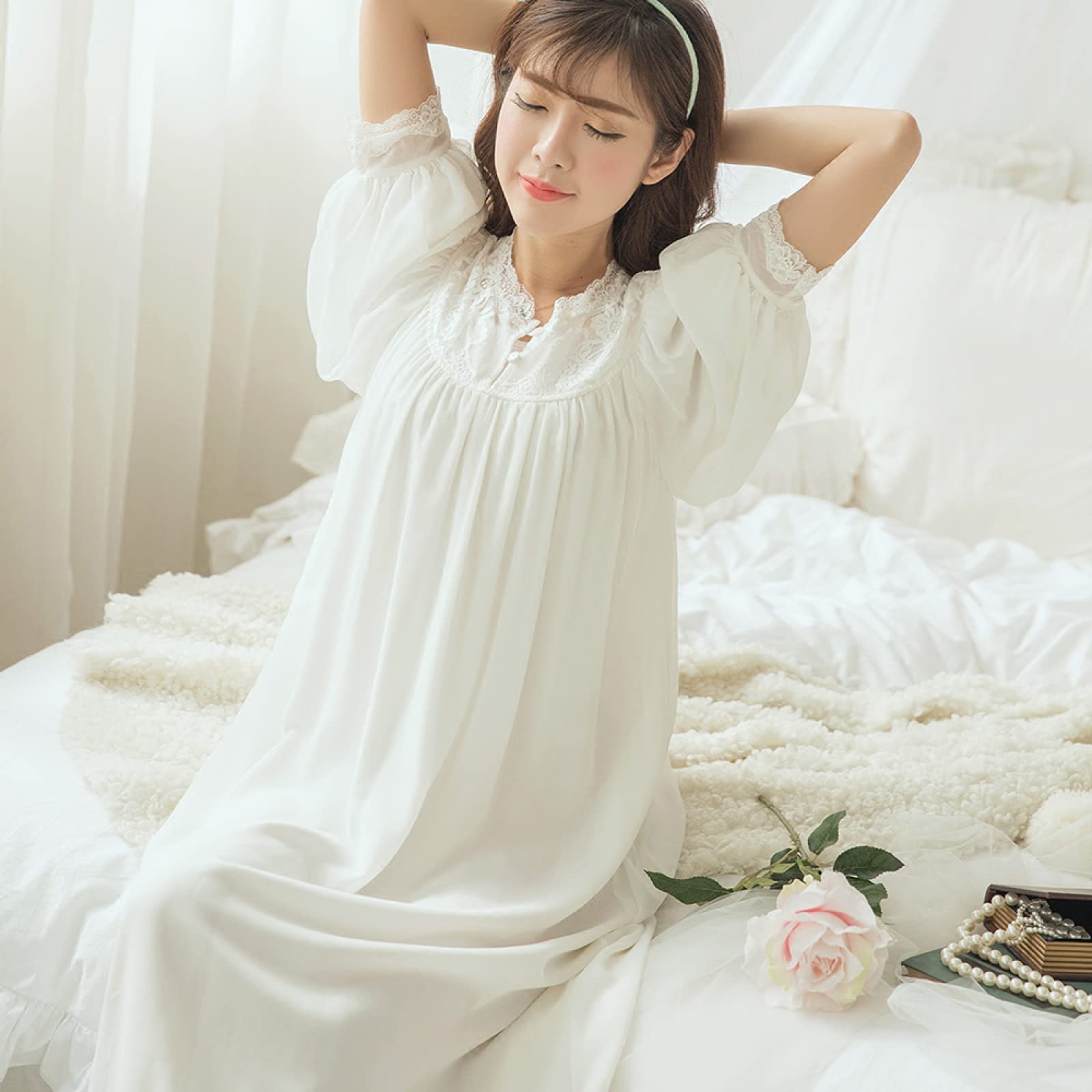 YAROVA Damen Nachthemden - Langes Nachthemd Für Damen, Weich, Bequem, Im Palaststil, Kurzärmlig, Retro-Sommer, Vintage-Stickerei, Nachthemd, Elegante Loungewear, Heimkleidung