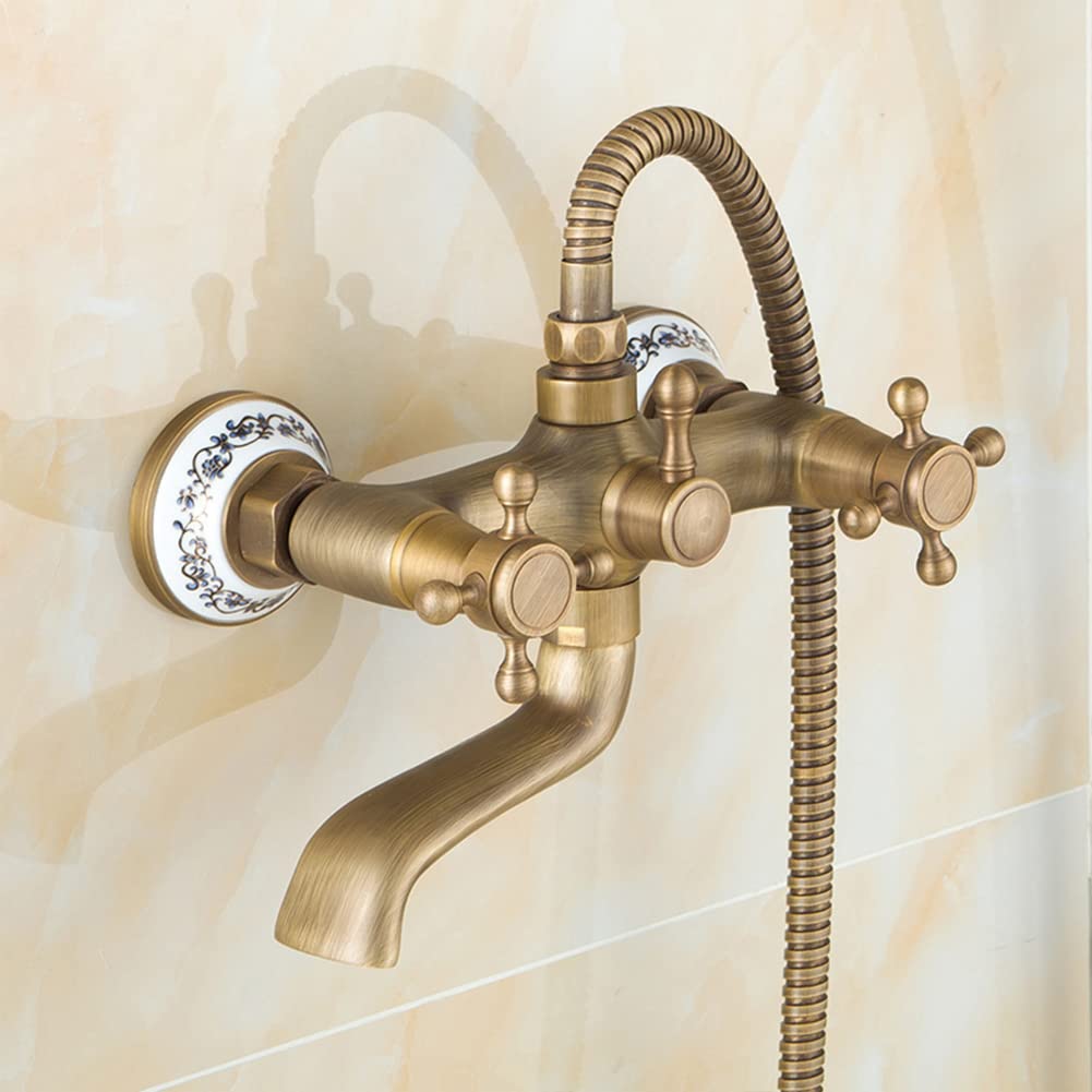 Grifo Bañera Grifo De Ducha En Pared Antiguo Vintage Estilo Latón Dos Asas Mezclador De Baño, Con Ducha De Mano, Manguera Y Soporte, Acabado De Latón Antiguo