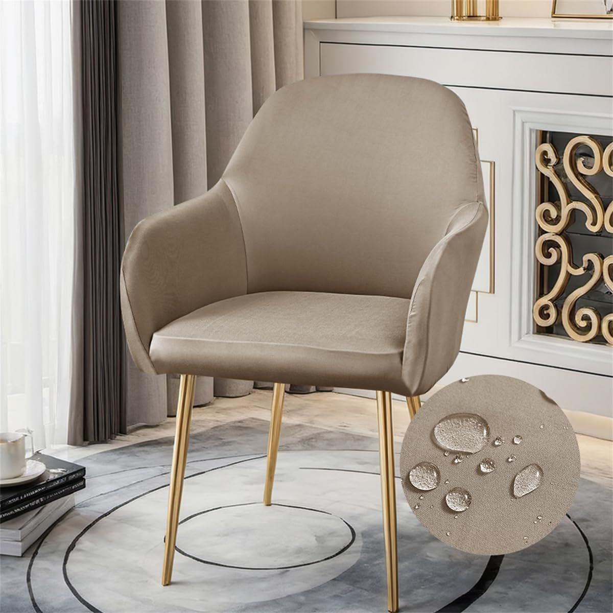 Highdi Waterproof Stretch Dining Chair Covers Soft Curved Back Chair Slipcovers with Armrest, Vanity Swivel Armchair Cover Removable Washable for Bedroom Party Hotel (Khaki,1 PC)
