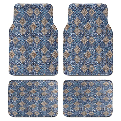 Lot de 4 tapis de voiture marron et bleu, motif oriental complexe d'ornements floraux, tapis de sol pour siège avant et arrière, dos en PVC durable, accessoire de voiture, cacao turquoise foncé