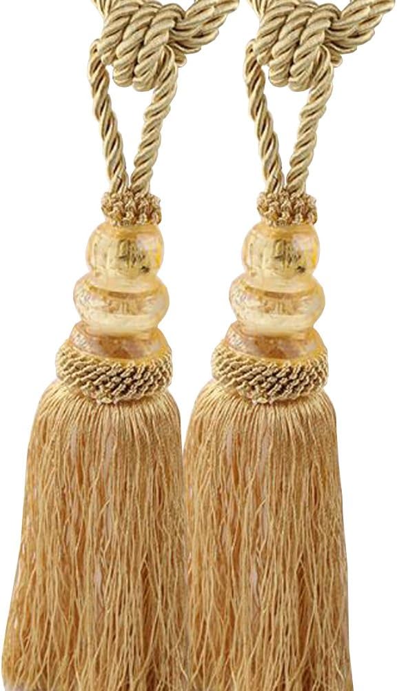 CHICTIE 2 Pack Curtain Tassel Tiebacks Crystal Beaded Fringe Ropes for Drapery Window Door Decorations (Golden)