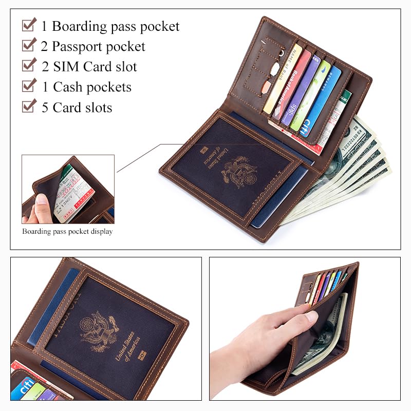 Image of Leather Passport Holder for Travel Men Bifold Slim RFID Blocking with 2 Passport Slots, 1 Cash Pocket, 5 Card Slots