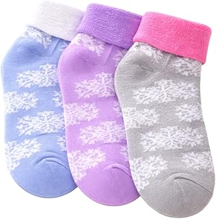 جوارب اطفال من 3 قطع، نمط ندفة الثلج، اساور اكمام قابلة للطي، ازرق وارجواني ورمادي، مزيج من القطن الناعم
