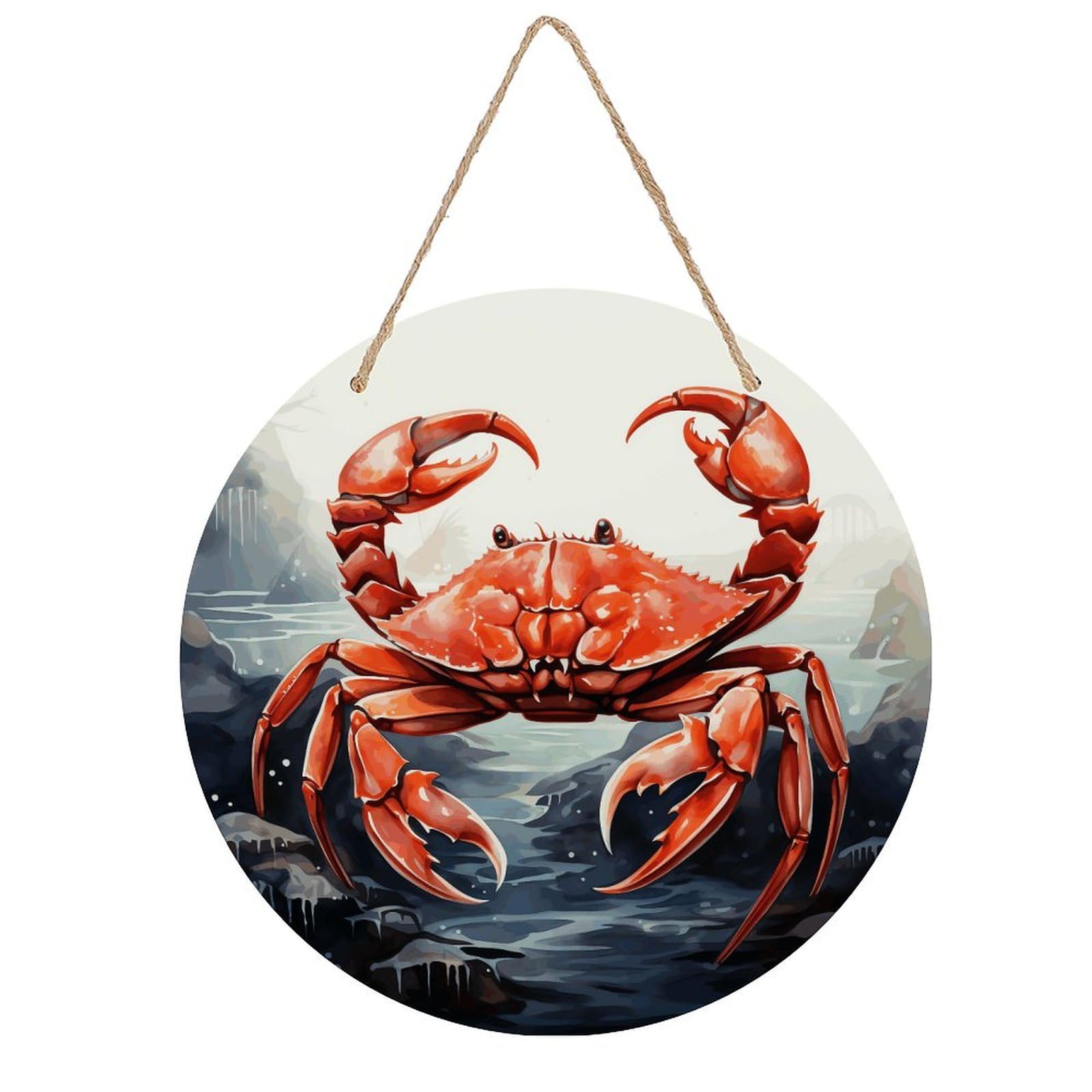 Red Crab Sea Round Wooden Ornaments Unique Wood Decorative Paintings for Christmas Retro-Style Wooden Door Hanger for Crafts Home Holiday Decor Bar 7.87 Inch