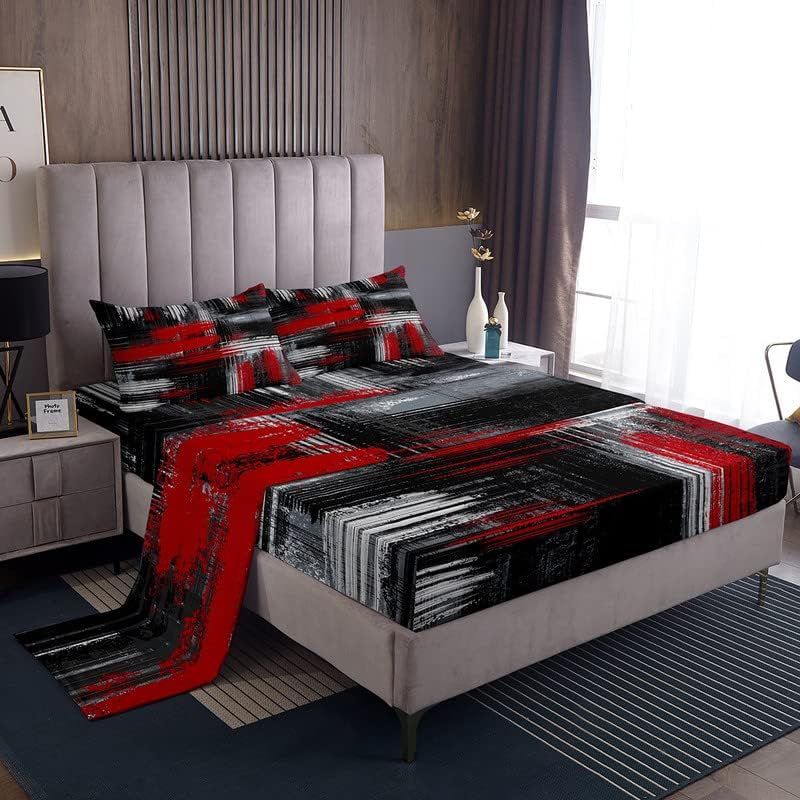 Feelyou Juego de sábanas de color rojo, negro y gris con bolsillo profundo, sábana bajera geométrica artística, juego de sábanas de arte de graffiti