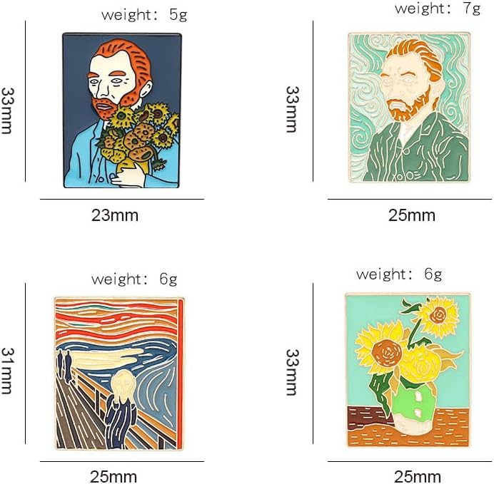 Van Gogh Enamel Brooch Edvard Munch Apparel Pin Lapel Pin - Famous Works of Art Brooches and Pins Jewelry Badge for Clothes Bag Hats All (4Pcs)