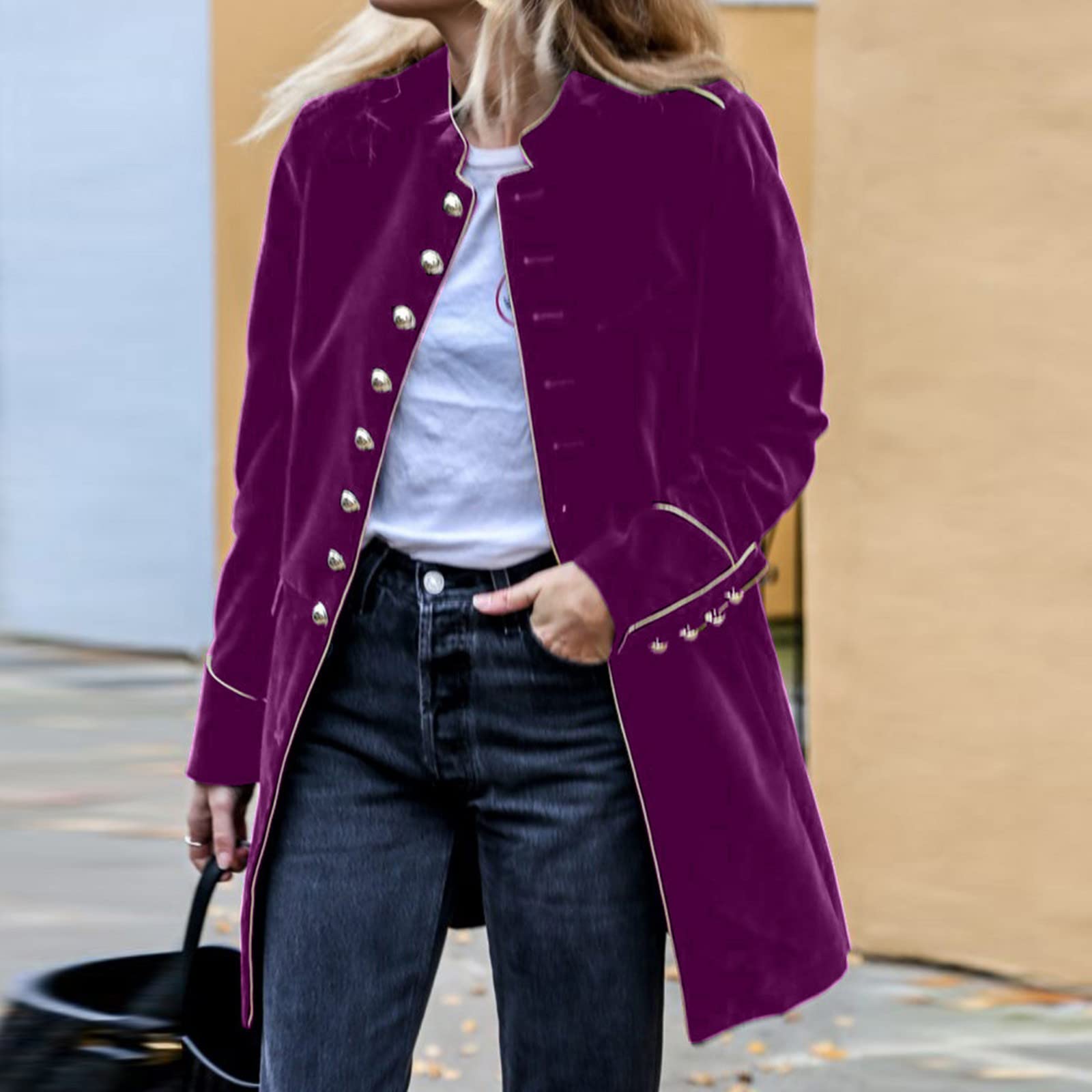 Samt Blazer Damen Mittellang Trenchcoat Mit Knöpfen Winterjacke Warm
