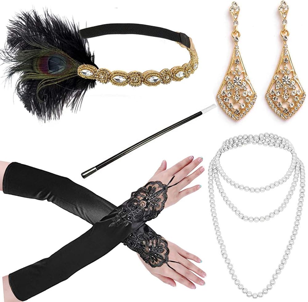 1920s Accessories Headband Necklace Gloves Cigarette Holder Flapper Costume Accessories Set for Women(ac6) : Clothing, Shoes & Jewelry