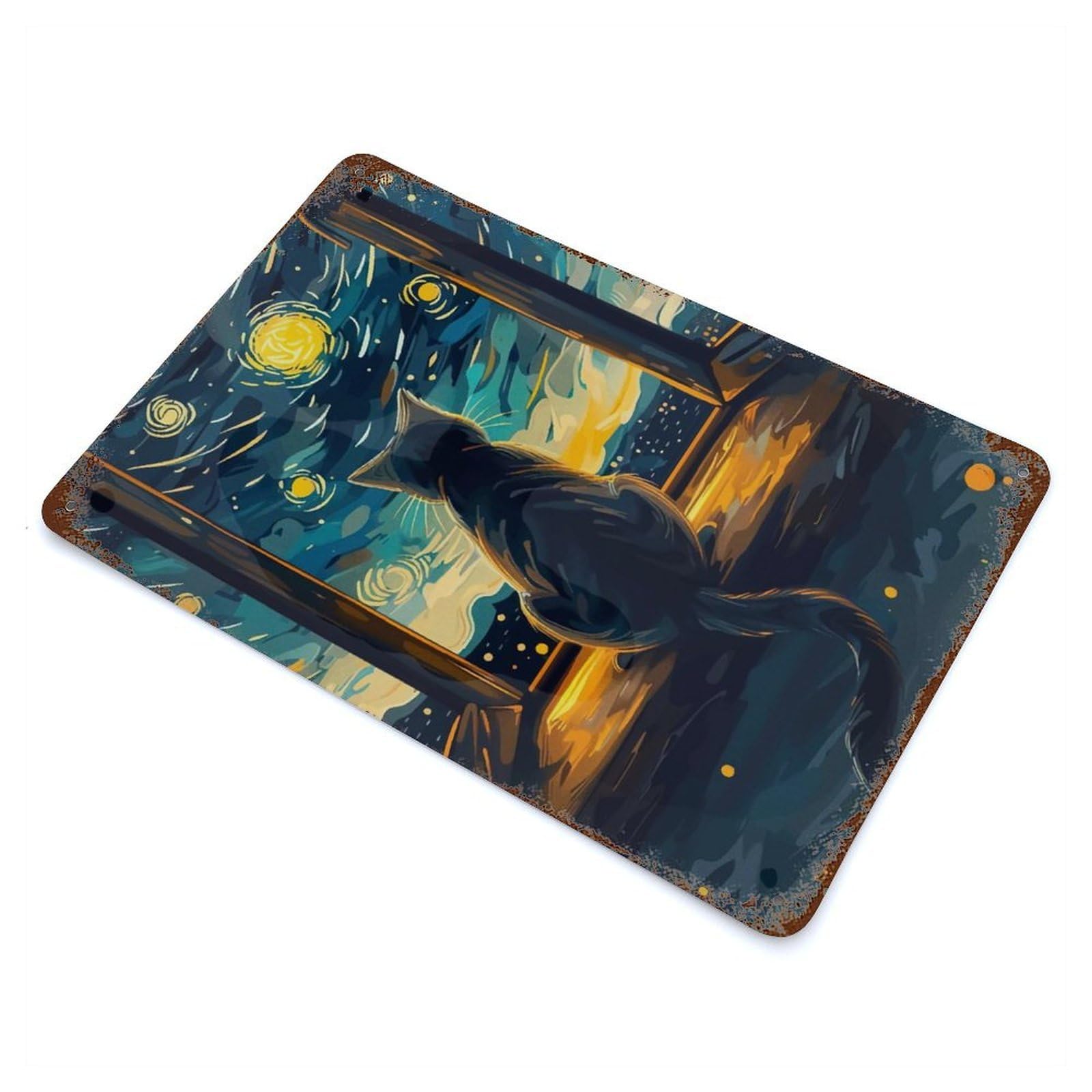 Cat Gazing at Starry Night Decorative Tin Sign 11.8"x7.9", for Bistro, Counter And Cafe Decor, Classic Wall Plaque