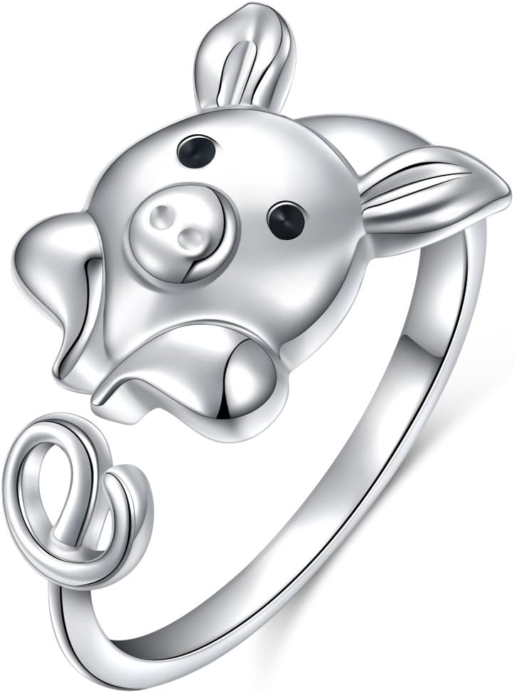 FLYOW 925 Sterling Silver Adjustable Animal Rings for Women Lucky Elephant Cute Pig Ring Cat Paw Love Heart Wrap Open Ring Birthday Gifts