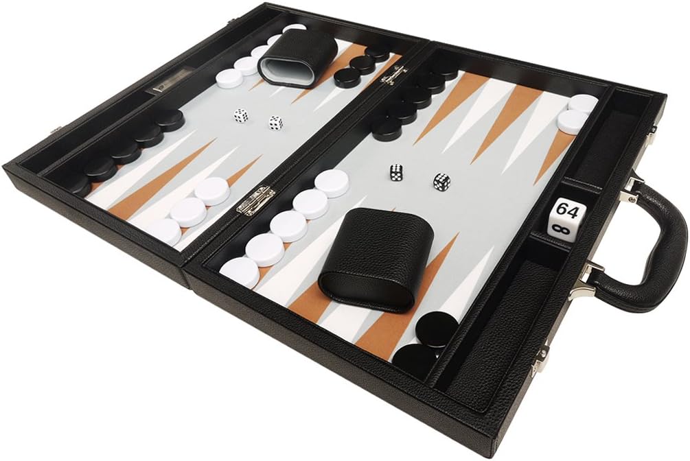 16-inch Premium Backgammon Set - Medium Size - Black Board, White and Rum Points