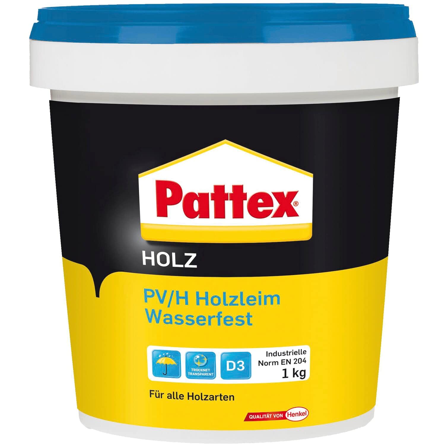Pattex Holzleim wasserfest Leim D3 mit hoher Wasserbeständigkeit - Holzkleber extra stark für alle Holzarten - Holzleim für Treppen, Fenster und Massivholz, 1kg transparent