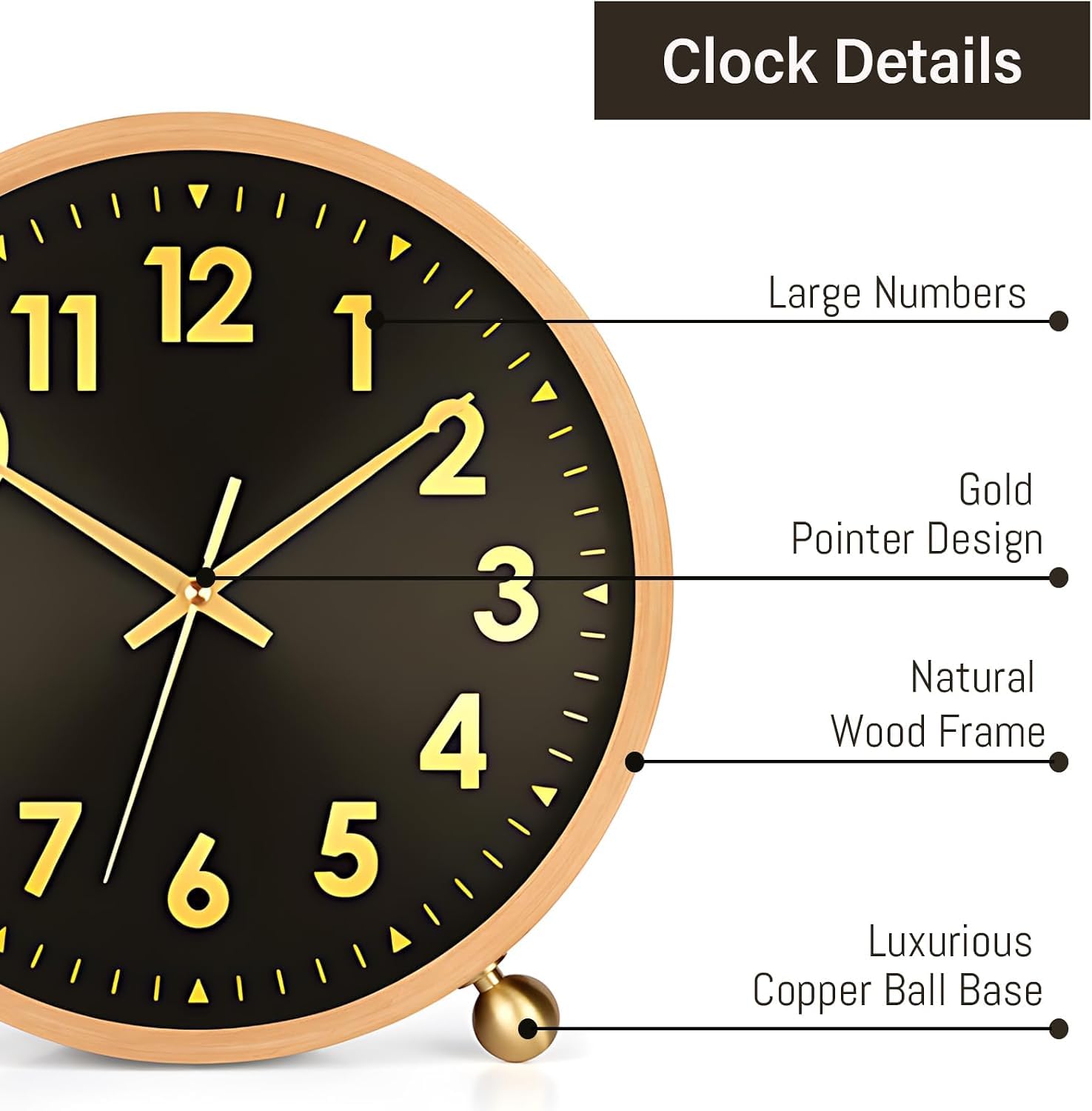 Reloj de escritorio analógico de madera, 20 cm, sin garrapatas, para