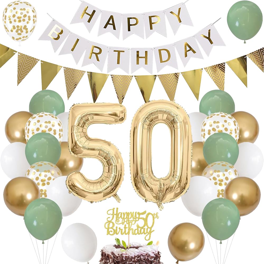 Luftballon 50. Geburtstag Salbeigrüne Folienballon Luftballon Zahlen 50. Geburtstagsdeko Männer Frau 50 Jahr Riesen Folienballon Zahl 50 Ballon 50 Deko zum Geburtstag Dekoration Grün Weiß Gold