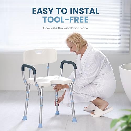 Miniatura 4 de OasisSpace Silla de ducha ajustable con brazos para ducha interior, banco de ducha resistente con asiento recortado de 300 libras, taburete de