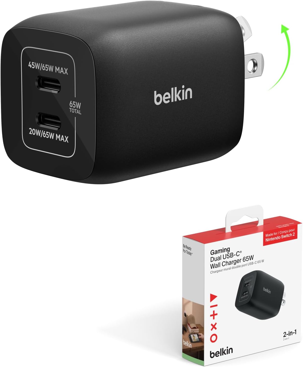 Nintendo Switch 2 Charger, USB C Wall Charger 65W GaN Fast Charging | Compact GaN Charger with Dual USB-C Ports, Foldable Prongs, Fast charging & Travel-ready Design, Charge upto 2 Devices