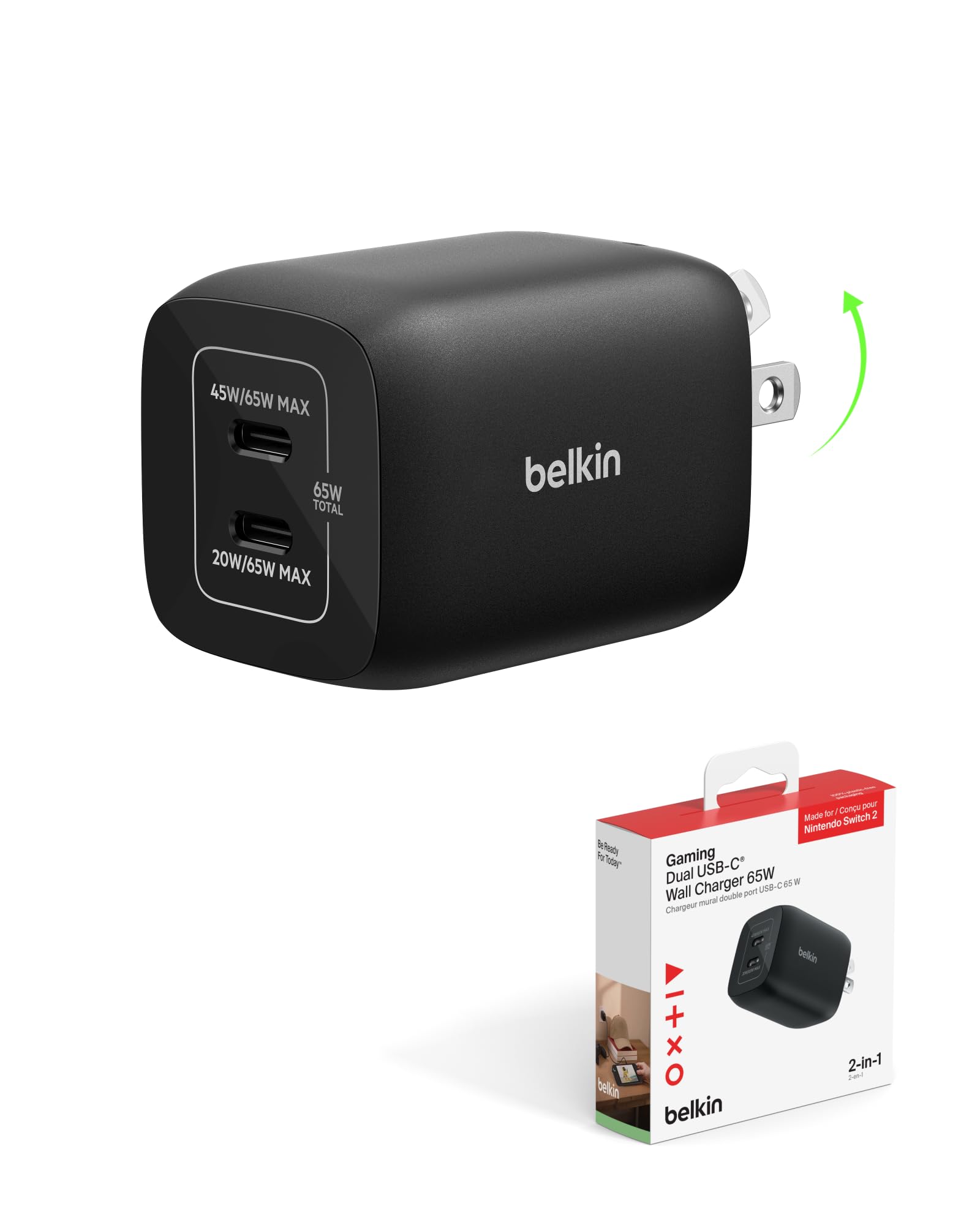 Belkin Gaming Dual USB C Charger Block for Nintendo Switch 2 and Pro Controller w 65W GaN Fast