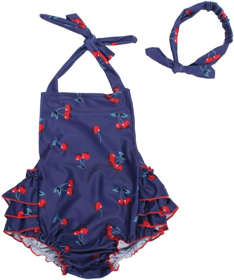 Baby Girl Cherry Pattern Bathing Suits Outfits Rompers with Headband 0-4 Years