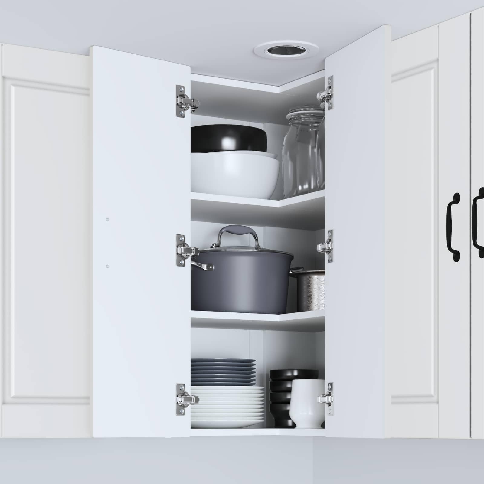 Armario esquinero de pared Porto blanco, 57 x 57 x 80 cm, con 3 estantes y 2 puertas, armario de cocina para almacenamiento y almacenamiento en cocina moderna