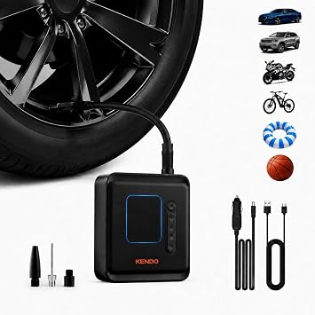 KENDO Tire Inflator Portable Air Compressor, 150 PSI Cordless Bike Pump with 12V Car Charger, Auto Shut-Off & Digital Gauge, Fast Inflation for Car, Motorcycle, Bicycle, Ball