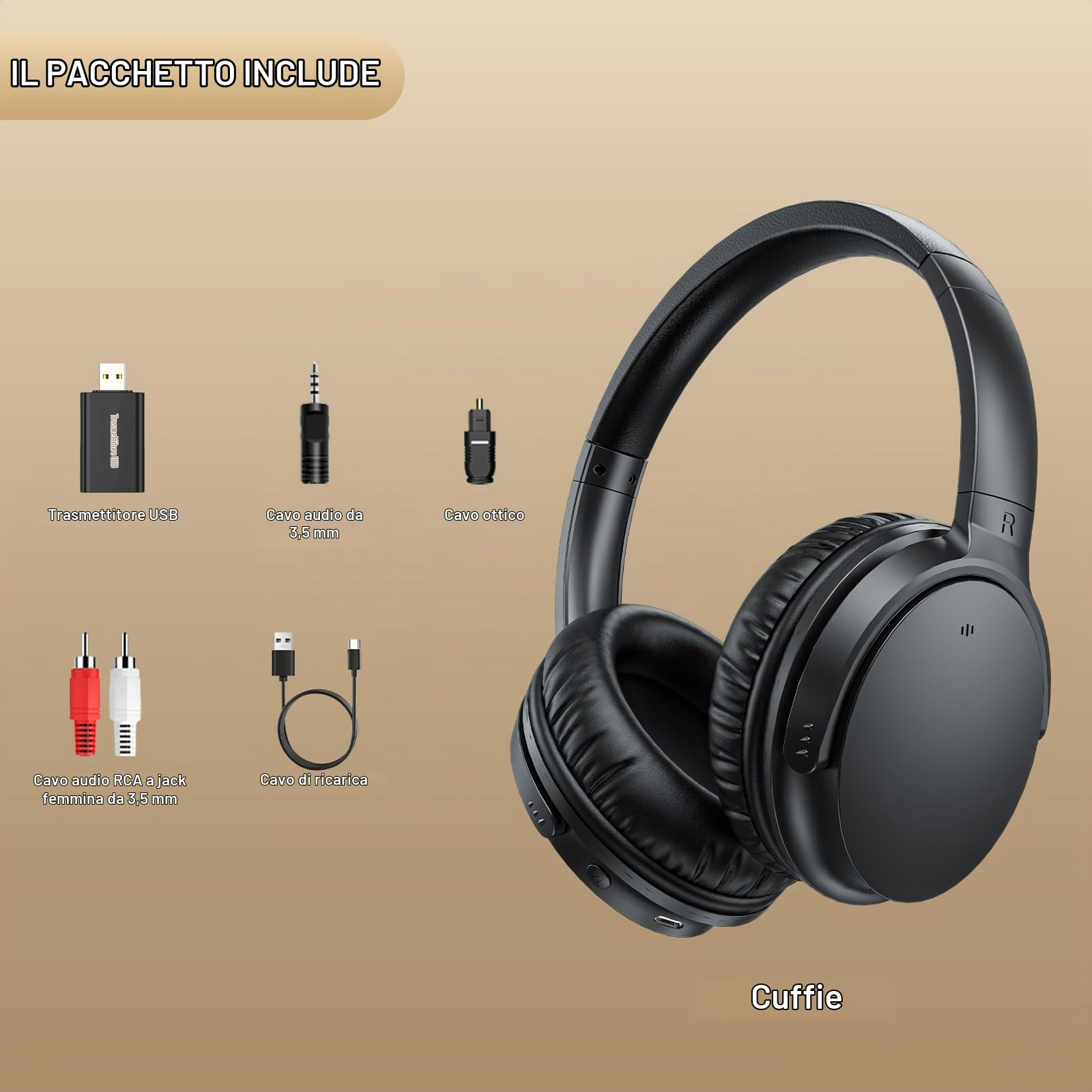 PROW Cuffie TV con Un Solo Tasto per Anziani, Ricaricabili, con Audio Potente e Chiaro per Ipoacusia Lieve, Cuffie Wireless Esclusive per TV con Collegamento USB/Ottico/RCA/3.5mm per Ascolto Privato