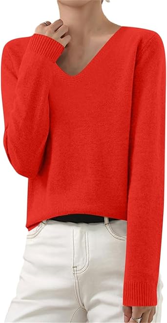 OIOLOYJM Fall Cashmere Sweaters for Women 2025 V Neck Long Sleeve Tops Lightweight Knitted Pullovers Merino Wool Sweater