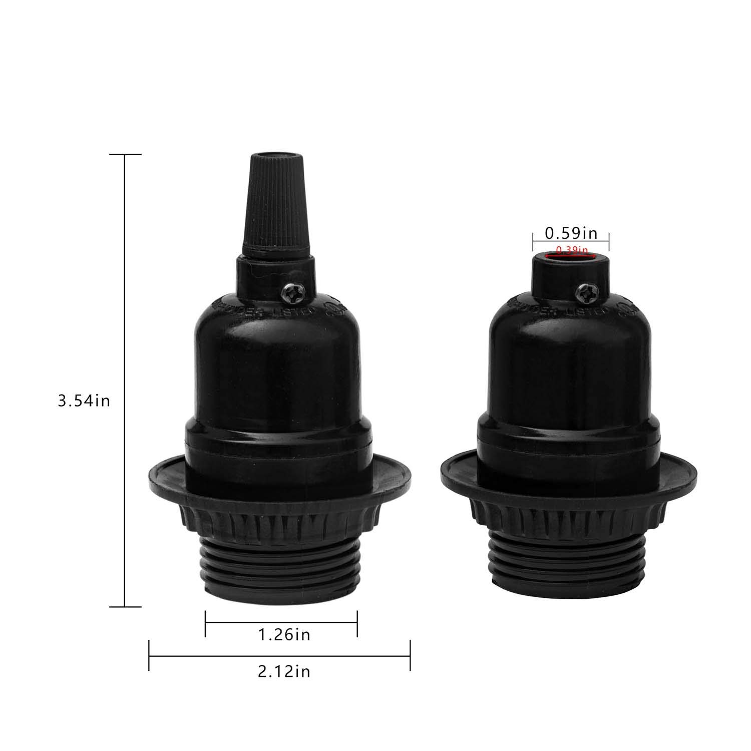 Black Light Socket - 2Way Knob Turn on Off Settings,E26 Base Standard Screw in Heat Fire Resistant Edison Retro Pendant Plastic Lamp Holder for Table Floor Lamps,DIY Project,6pack