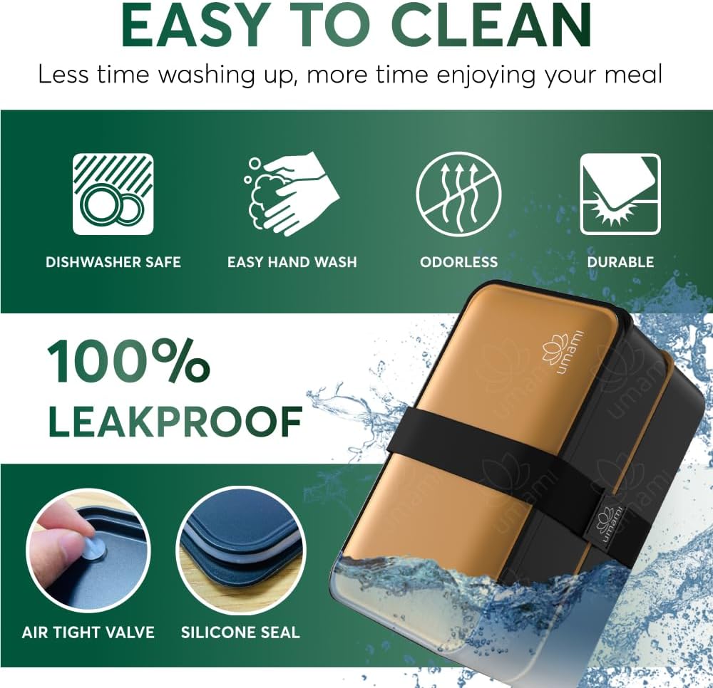 Umami Bento Box Adult All-in-1 w/ 4 Utensils, 100% Leakproof, Dishwasher & Microwave Safe Lunch Containers for Adults w/ 4 Compartments, Black & Gold, 40 oz - Image 5