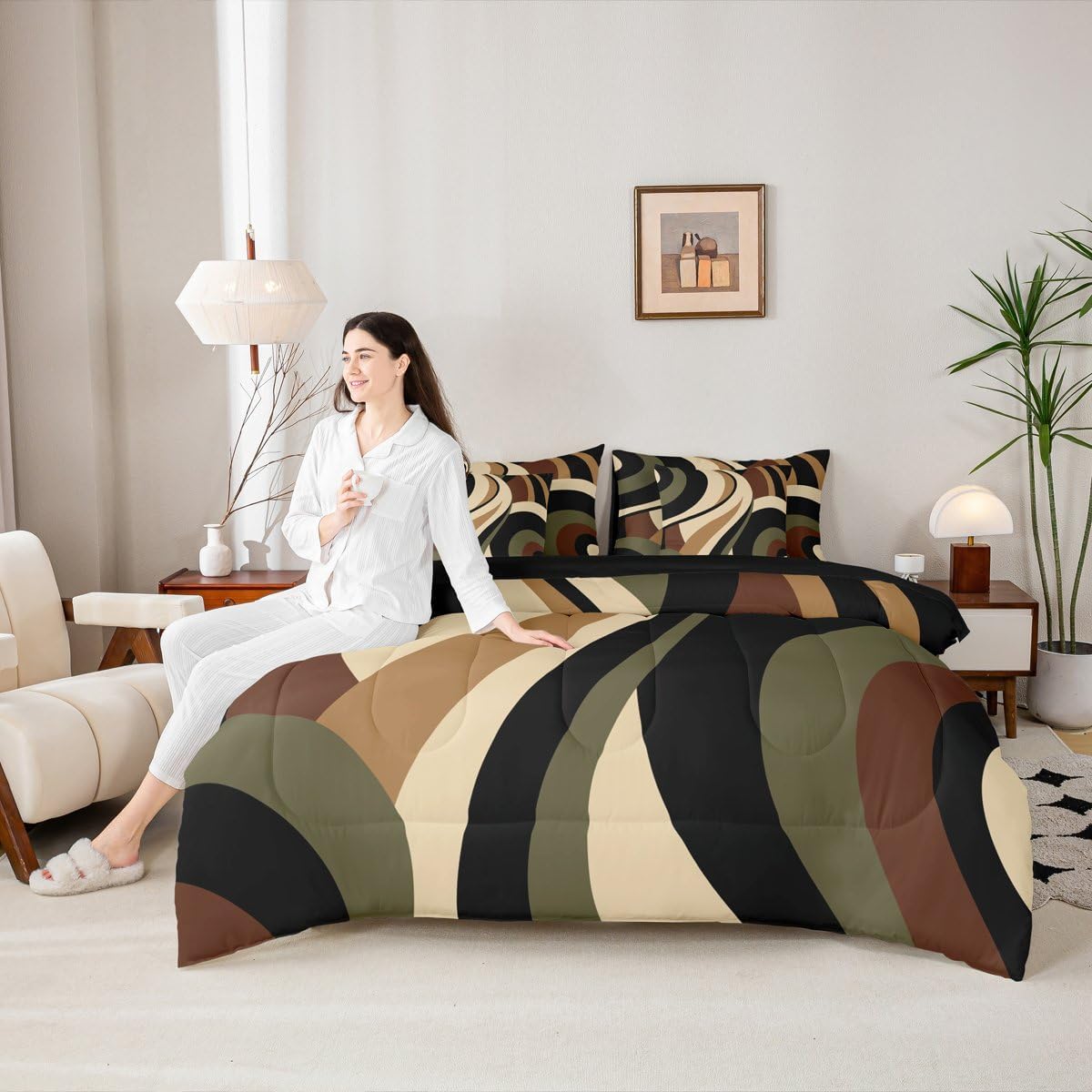 Green Brown Spiral Queen Comforter Set Modern Swirls Stripes Abstract Bed in a Bag for Minimalists Boho Aesthetic Geometric 7-Piece Bedding Set Graffiti Art Lines Quilt Duvet Sets