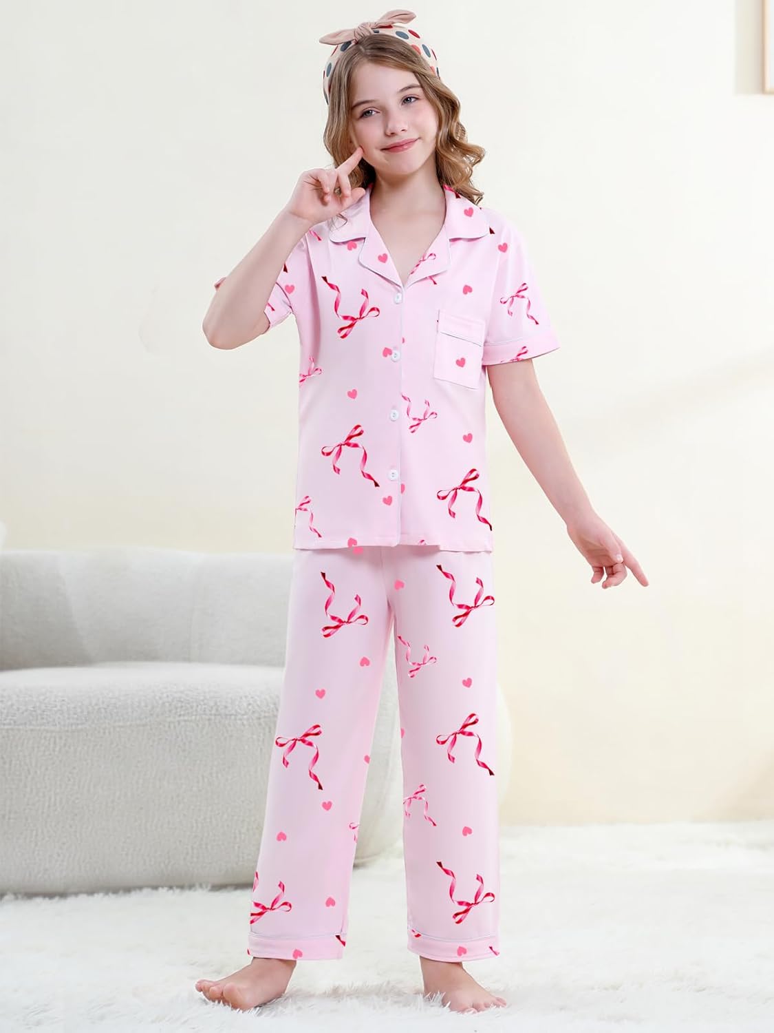 QZH.DUAO Girls 100% Cotton 3pcs Pajama Sets Button Down Short Sleeve Long Pants With Shorts Sleepwear for Ages 5-14 - Image 6