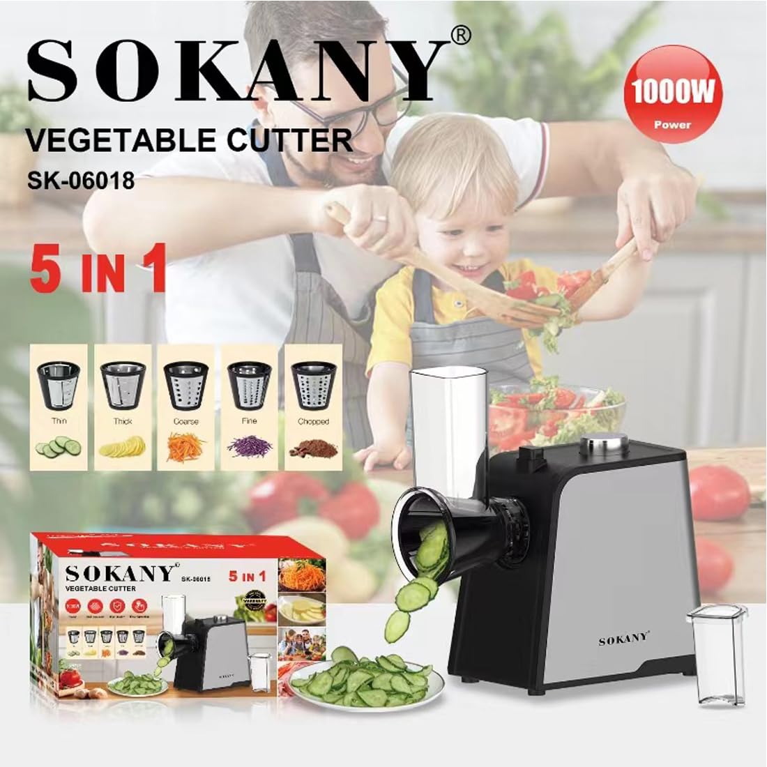 SOKANY 1000W Grattuggia Elettrica, Affetta Insalata con 5 inserti extra-affilati, Tritatutto Per Verdura e Frutta per Grosso, Fine, Affettato, Tritato, Facile da Pulire (SK-06018)
