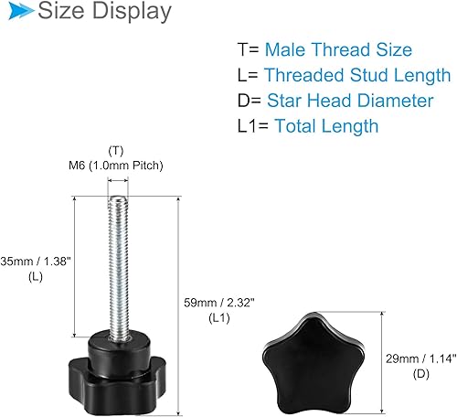 Miniatura 15 de Perillas de sujeción de estrella, rosca macho M6 x 1.969 in, cabeza de 1.220 in, mango de tornillo de pulgar de plástico, perno roscado negro