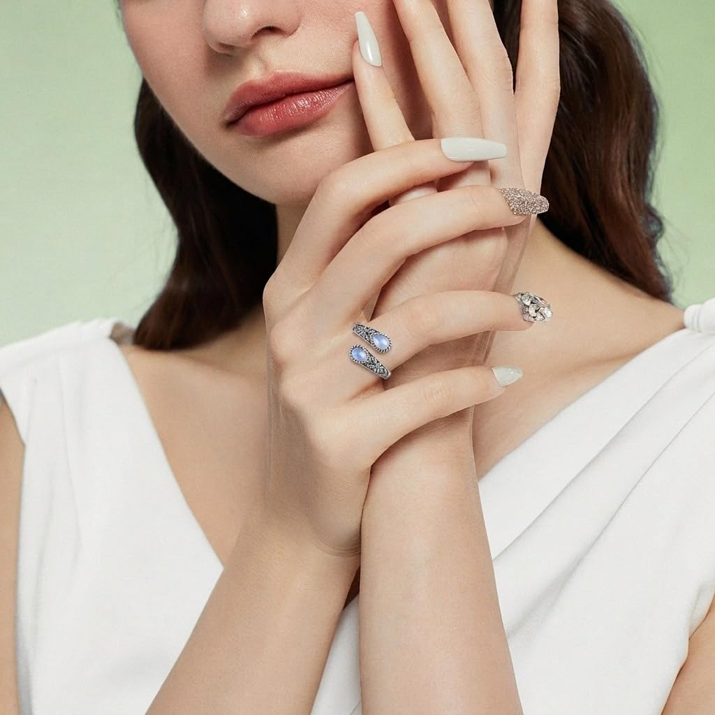 Mondstein Ring für Damen aus 925er Sterlingsilber Moosachat/Tigerauge/Türkis/Opal/Schwarzem Onyx Verstellbare Daumenringe im Vintage Löffel Blumen Schmuck Geschenk für Mutter Ehefrau
