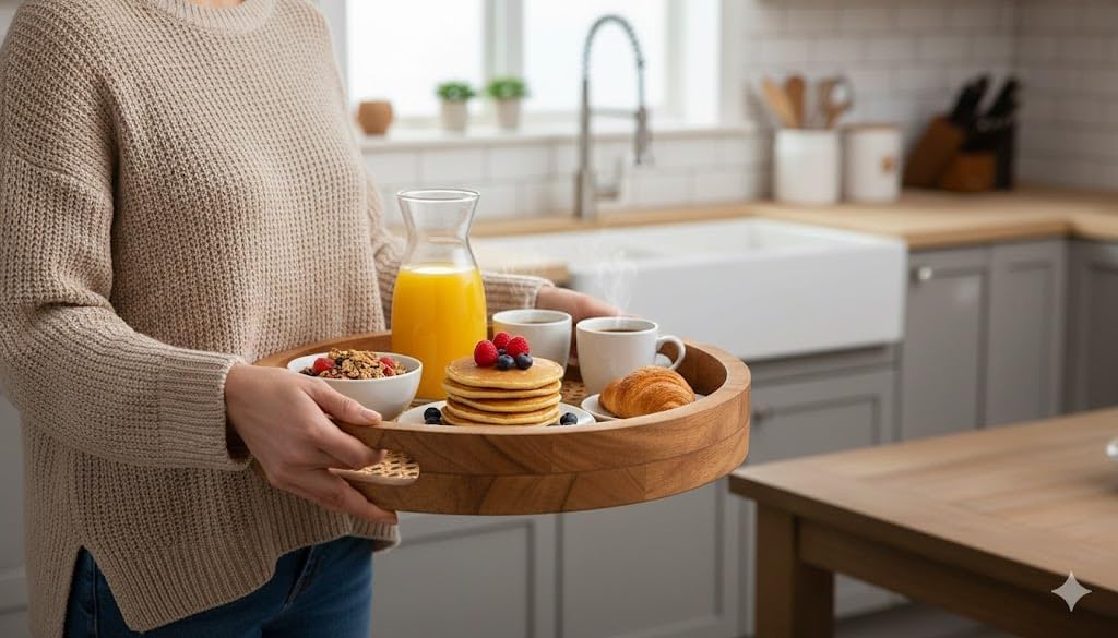 12 Inch Acacia Wood Serving Tray Round with Handles & Rattan Base, Decorative Wooden Platter for Kitchen Dining Charcuterie Cheese Board Breakfast Lunch Dinner Appetizer Beverages Ottoman Coffee Table