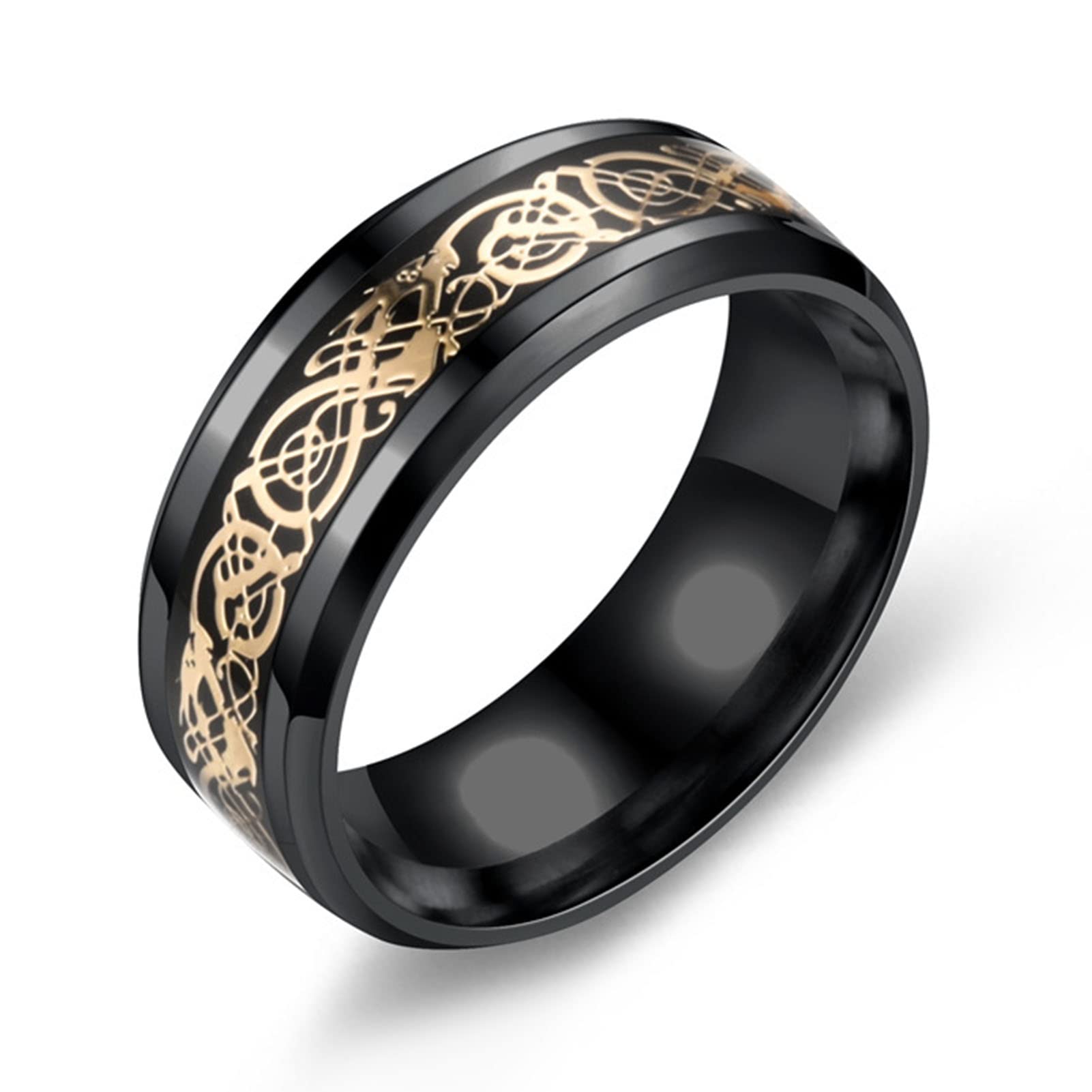 degtnb Anillo para hombre con patrón de dragón, joyería de moda única, patrón de dragón, anillo brillante para exteriores, negro y dorado, talla 12 de EE. UU, US 12, Acero inoxidable, Piedra