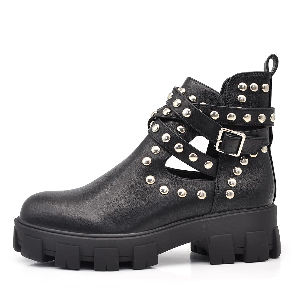 IF Fashion Scarpe da Donna Stivali Stivaletti Biker Fibbie Borchie Primaverili Traforati GR-6608