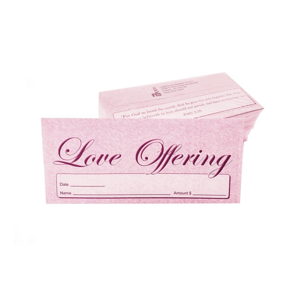 CUSTOM Love Offering - Church Tithe/Donation Envelopes, Burgundy, Easy-Open Tab, Fits Bills & Checks, Name, Date & Amount, John 3:16 KJV Verse, Choose