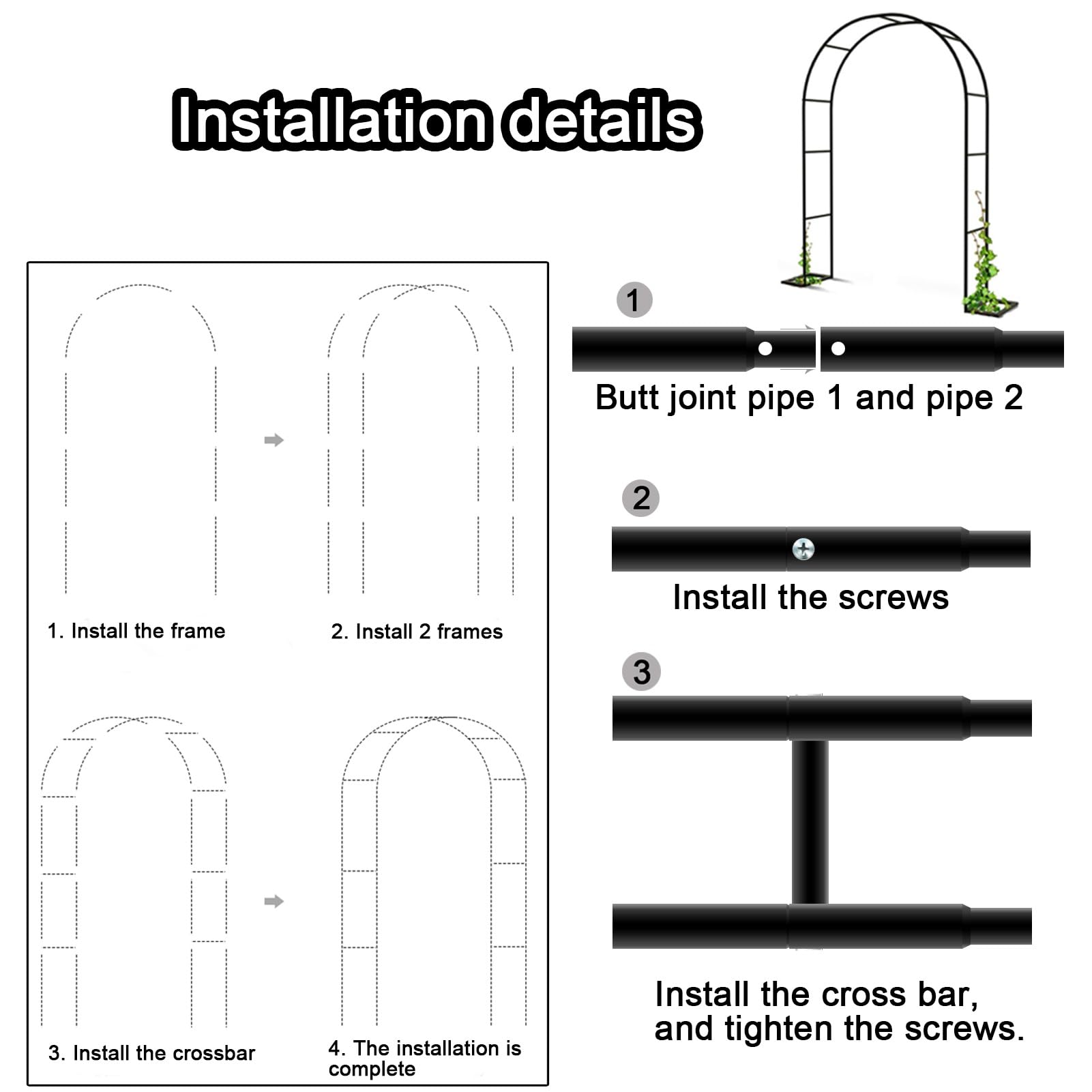 Smeedijzer tuinboog, Tuin Rozenboog, metaal Tuinbogen, boog tuin bruiloft decoratie, Planten Ondersteuning Boog, prieel voor de tuin, Achtertuin, Gazon, Bank, Woondecoratie (Color : Black B, Size