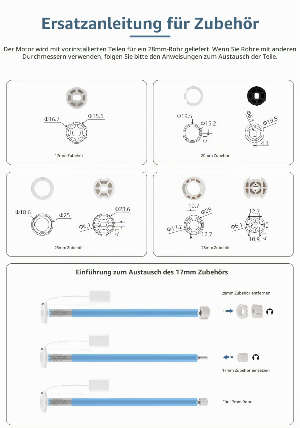 Wiederaufladbarer Zigbee-Rollomotor für17/25/28mm-Rohre, intelligenter Jalousienmotor,automatischer Vorhangöffner mit App/Sprache,Tuya Zigbee-Hub erforderlich(Motor,16Wege-Fernbedienung)