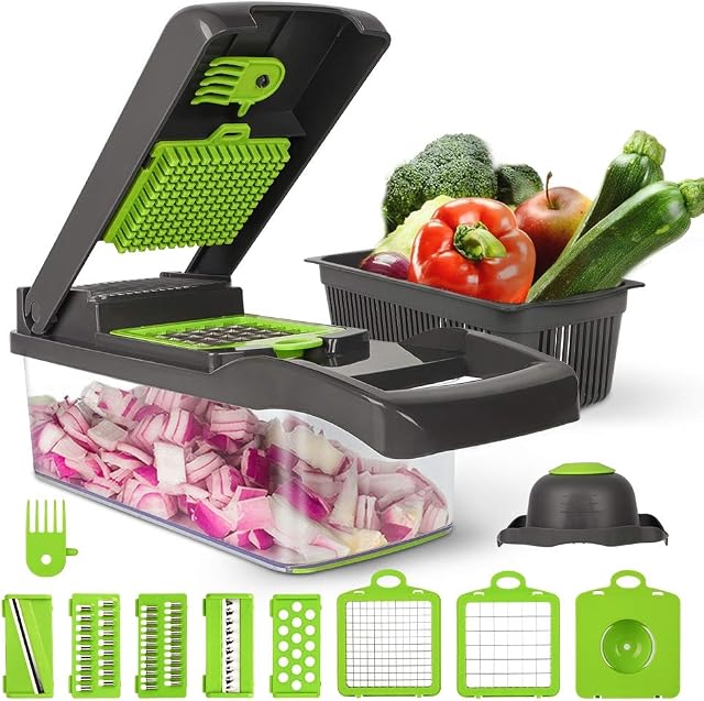 Mandoline Vegetable Slicer, Ksera 14 in 1 Vegetable Chopper Cutter Dicer, with Food Container, Cleaning Brush & Hand Guard, Julienne Grater Cutter for Onion, Garlic, Carrot, Potato, Salad(Black)