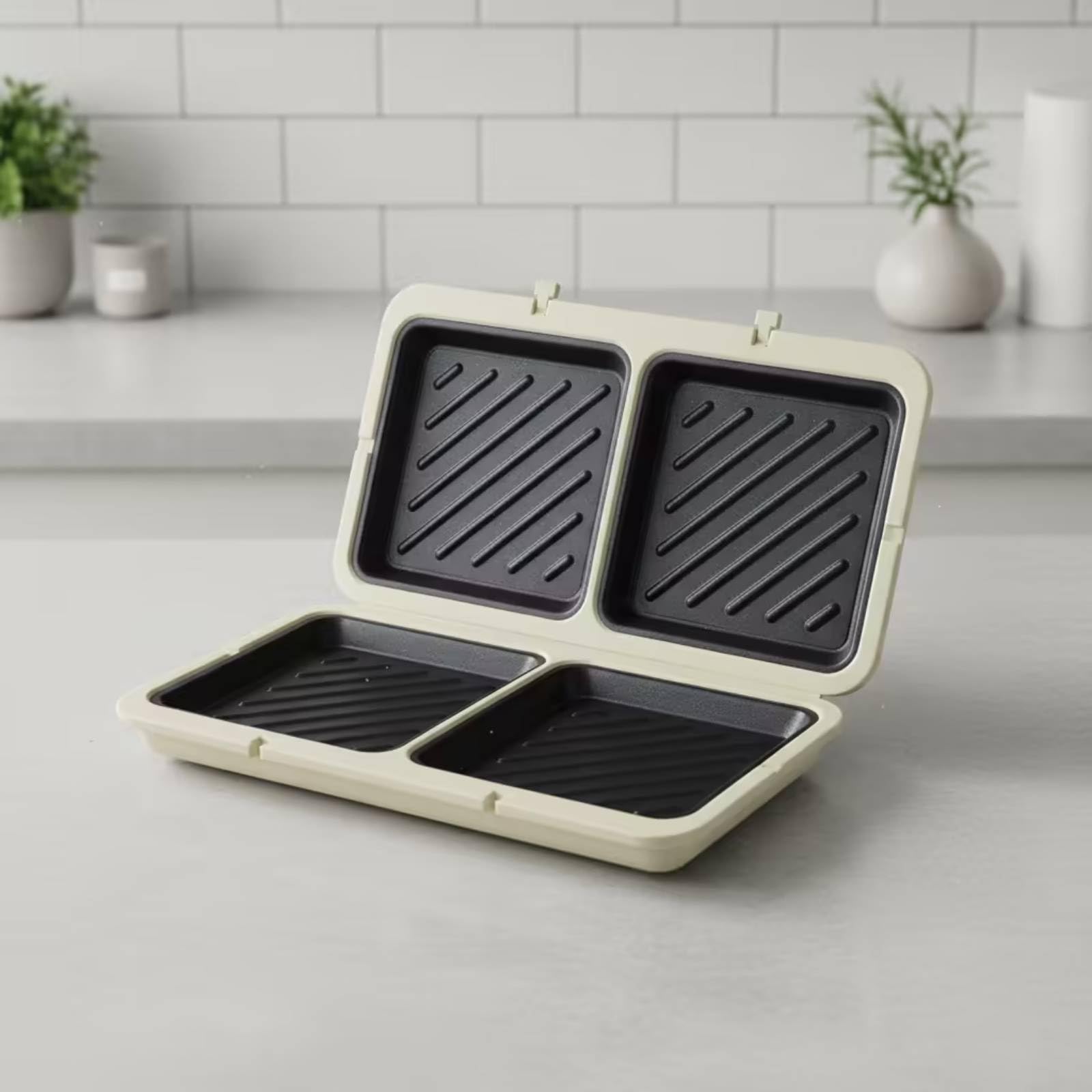 Tostiera a Libro Antiaderente Sandwich Maker Rapido Utensile per Famiglie, Campeggio, Bianco Riso