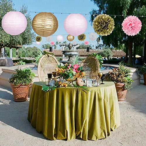 Pink Gold Party Decorations, Pink Gold Paper Lanterns And Pom Poms Flowers For Birthday Party Baby Showers Engagement Tea Party Decor 15Pcs #TOP5