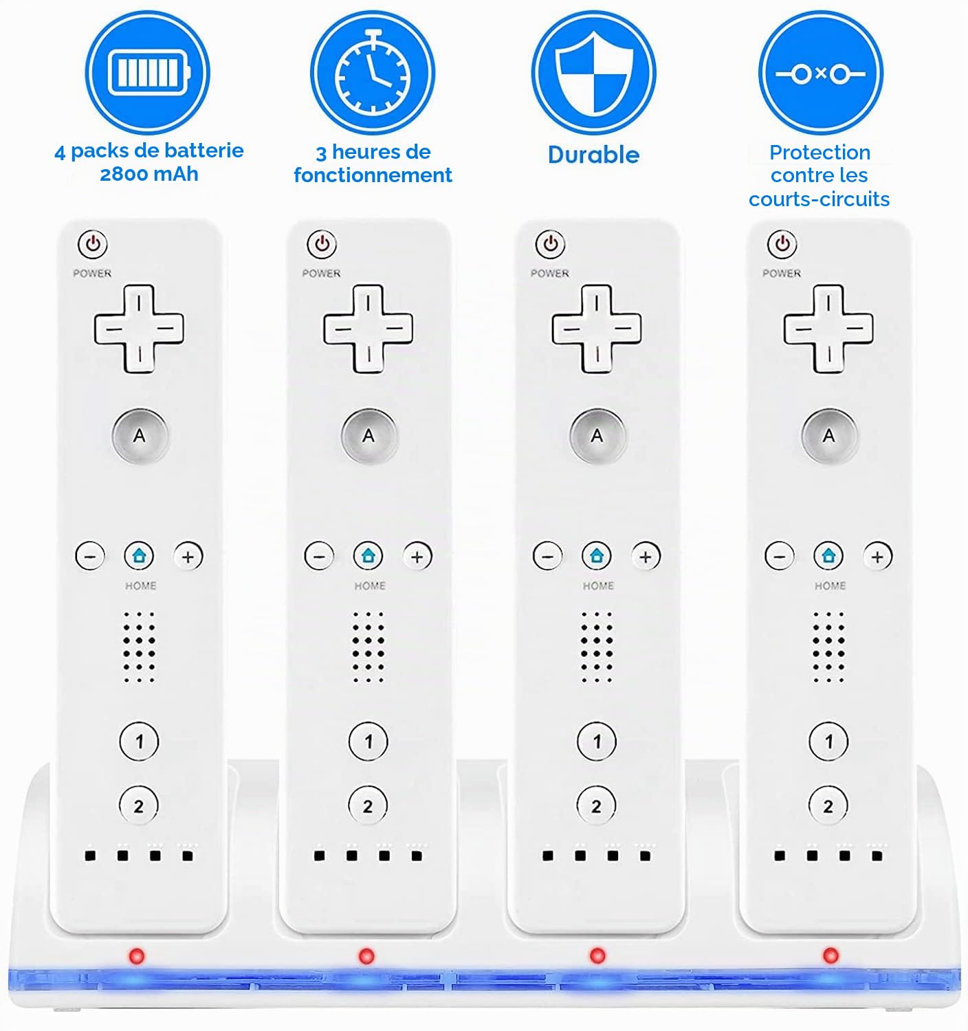 Puseky Station de Chargement pour Wii, 4 en 1 Manette Station de Chargement avec Indicateurs LED 4 pièces 2800mAh Batterie Rechargeable Paquet pour Télécommande Wii