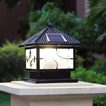 European Style Waterproof LED Villa Terrace Solar Post Lantern Light, Outdoor Retro Pillar Fence 3 Color Dimming Solar Post Lantern Lamp, Courtyard Outdoor Landscape StigBlack