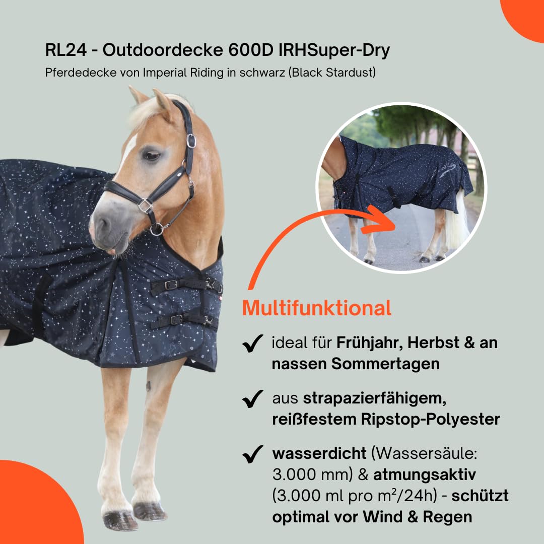 RL24 - Outdoordecke 600D IRHSuper-Dry Stardust Black 125cm | Pferdedecke von Imperial Riding mit Fleece-Futter – Regendecke, Übergangsdecke & Winterdecke – wasserdichte Weidedecke