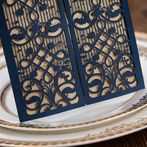 Hosmsua 50Pcs 5X7 Inch Navy Blue Wedding Invitations Kit With Envelope Laser Cut Door Flora Invitation For Engagement Bridal Shower Wedding Quinceanera Invite (Navy Blue And Gold) #TOP5