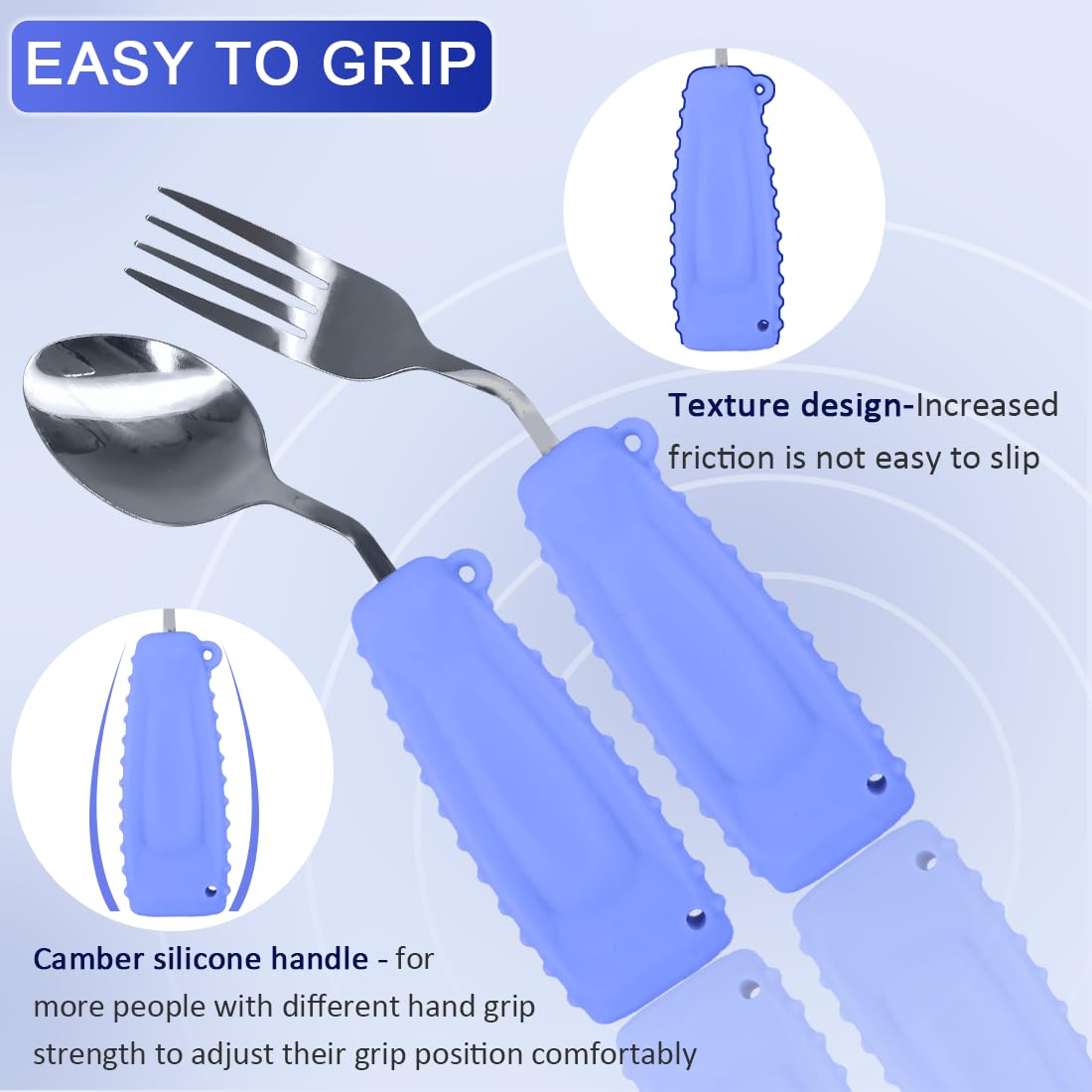 Adaptive Utensils, set di posate con cucchiaio e forchetta ad angolo curvo per tremori limitati o anziani, posate ponderate con impugnatura antiscivolo (viola, mano destra)